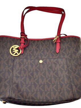 Michael Kors MK Signature Tote Handbag Brown Red Leather Trim